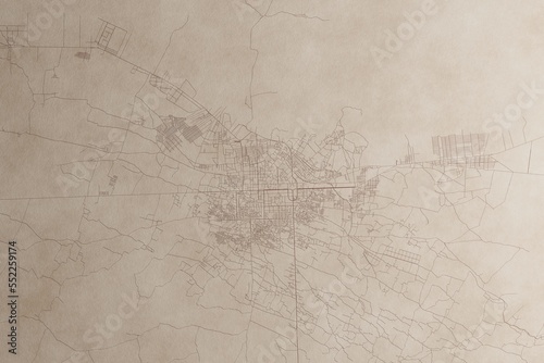 Map of Herat (Afghanistan) on an old vintage sheet of paper. Retro style grunge paper with light coming from right. 3d render
