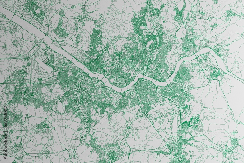 Obraz premium Map of the streets of Seoul (South Korea) made with green lines on white paper. 3d render, illustration