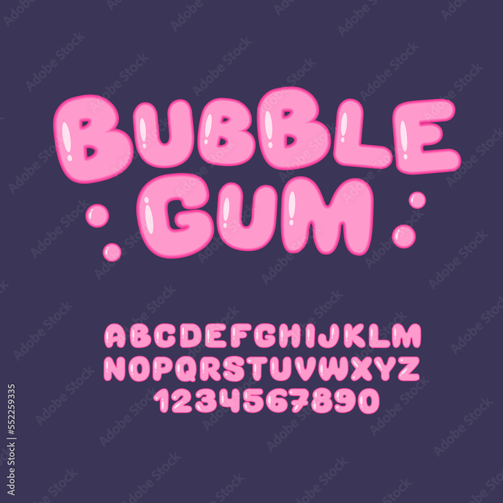 Bubble gum sweet font. Cute candy alphabet. Pink letters and numbers from 0 to 9.