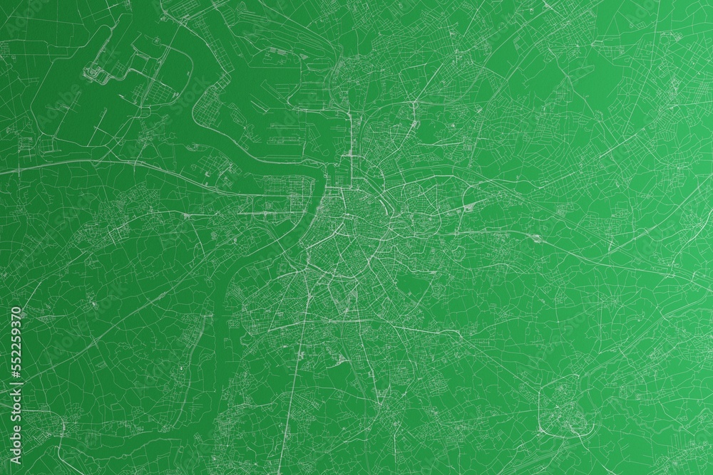 Naklejka premium Map of the streets of Antwerp (Belgium) made with white lines on green paper. Rough background. 3d render, illustration