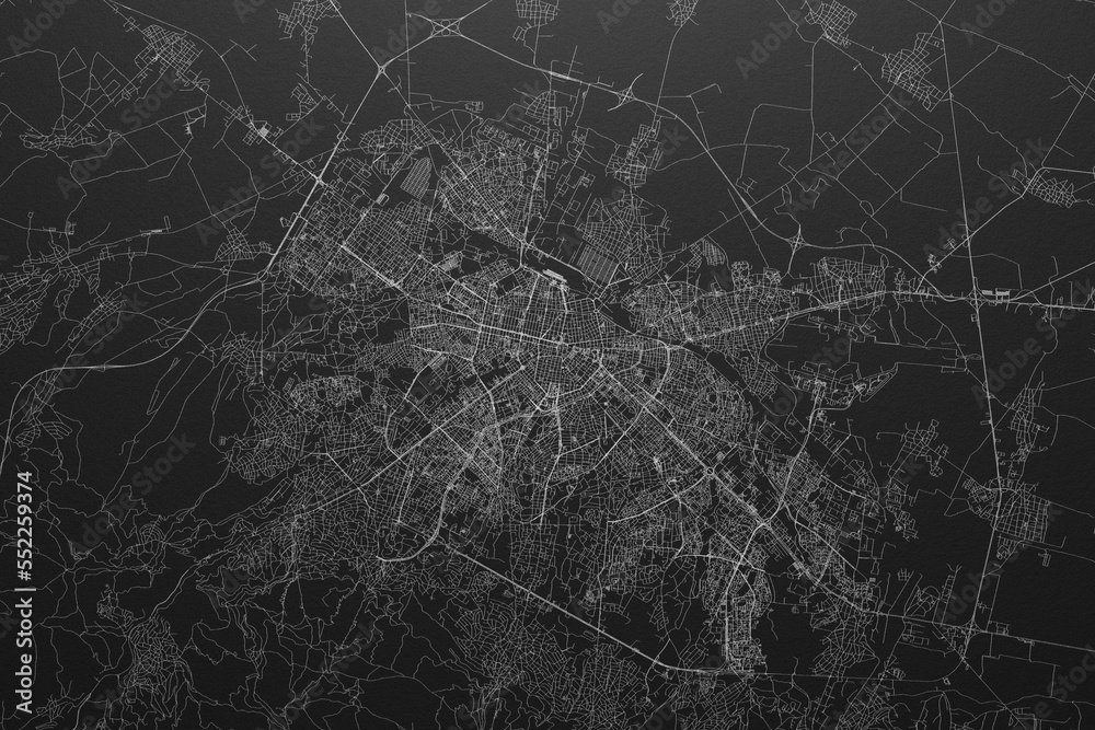 Street map of Sofia (Bulgaria) on black paper with light coming from top