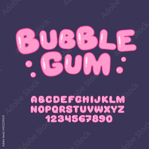 Bubble gum sweet font. Cute candy alphabet. Pink letters and numbers from 0 to 9.