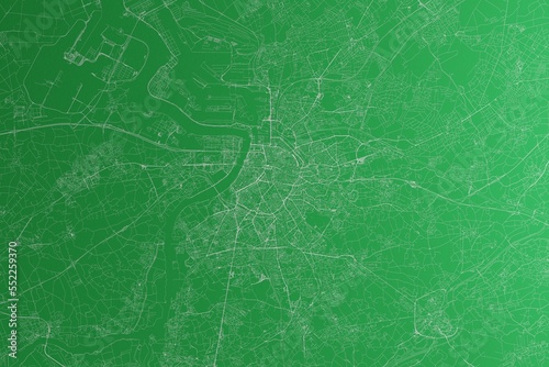 Map of the streets of Antwerp (Belgium) made with white lines on green paper. Rough background. 3d render, illustration