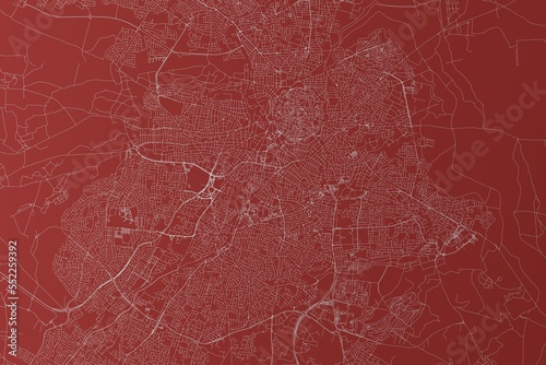 Map of the streets of Nicosia (Cyprus) made with white lines on red background. Top view. 3d render, illustration