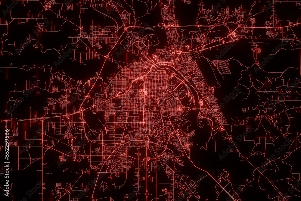 Street map of Shreveport (Louisiana, USA) made with red illumination and glow effect. Top view on roads network. 3d render, illustration