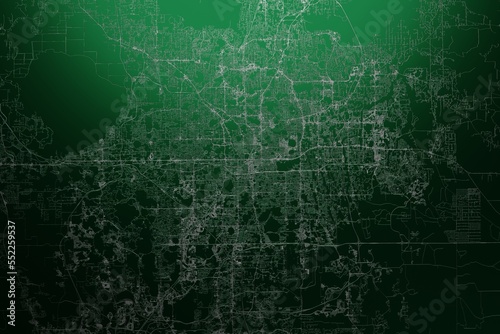 Street map of Orlando (Florida, USA) engraved on green metal background. Light is coming from top. 3d render, illustration