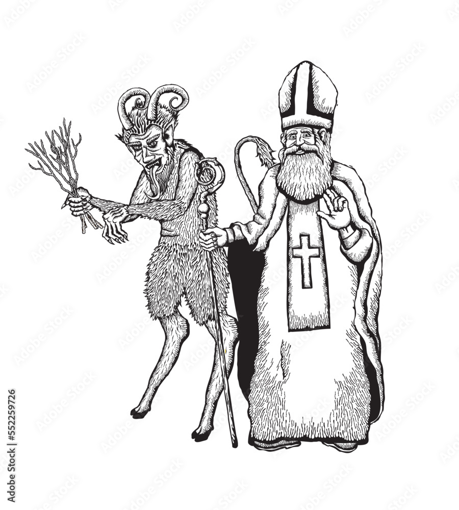 Vector illustration of Saint Nicholas and Krampus Stock Vector | Adobe