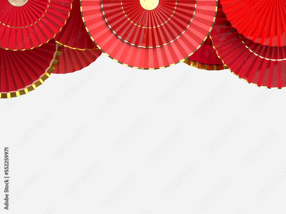 Paper fan chinese new year decoration. Oriental Asian style concept of Happy Chinese New Year festival background. 3D rendering