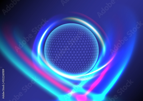 Glowing globe circle in blue hi-tech background with multi colored bright laser curved lines around it on blue gradient background.