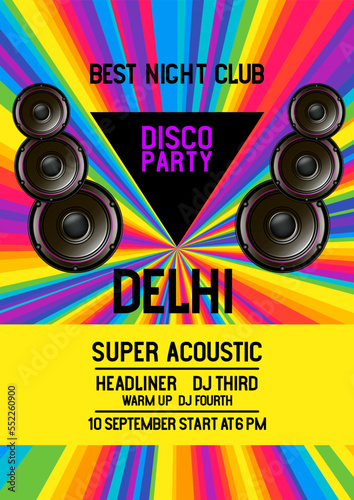 Speakers, rainbow beams, spectrum explosion, festival poster, media banner with the words Disco party, super acoustics. Vector illustration digital design.