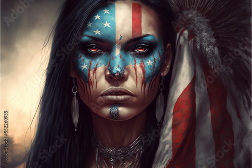 Portrait of a beautiful indian woman with a painted American flag,