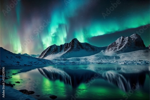 Northern lights view over icy mountains and snow, arctic lake, winter season © vuang