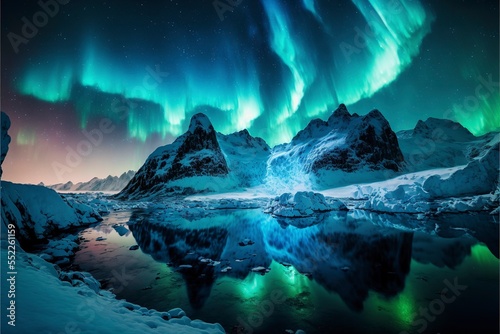 Northern lights view over icy mountains and snow, arctic lake, winter season