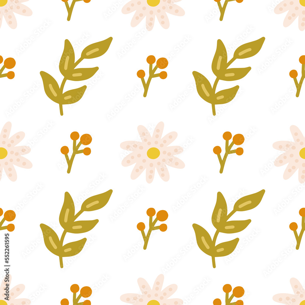 Flowers and Plants Vector seamless pattern in flat style for fabric, wrapping paper, postcards, wallpaper
