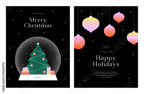 Happy new year and Merry christmas design. Glass snow globe, Christmas ball. Season's greetings banner, poster, brochure. New generation vibrant gradient. Modern style. Trendy flat vector illustration