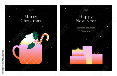 Happy new year and Merry christmas design. Winter cup, Hot chocolate. Season's greetings banner, poster, brochure. New generation vibrant gradient. Modern style. Trendy flat vector illustration.