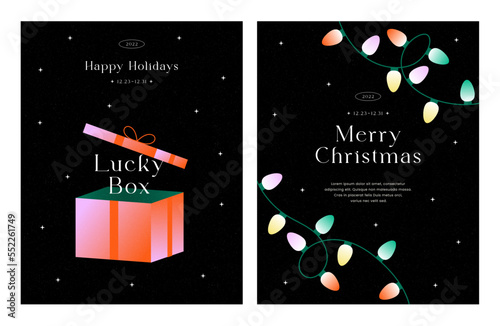 Happy new year and Merry christmas design. Open gift box, Light garland. Season's greetings banner, poster, brochure. New generation vibrant gradient. Modern style. Trendy flat vector illustration.