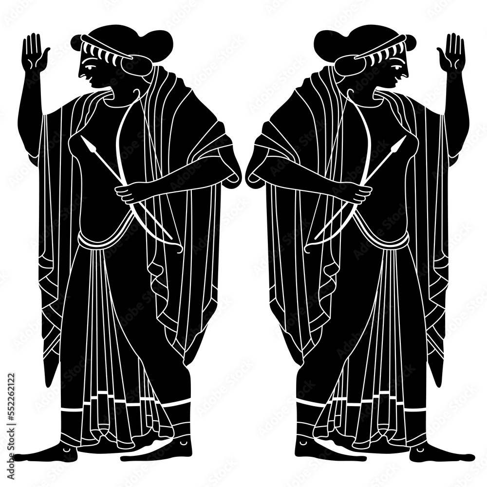 Symmetrical design with two ancient Greek women holding bows and arrows ...