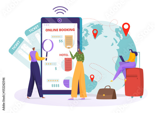 Online travel reservation concept, vector illustration, flat tiny man woman character planning travel at smartphone application, booking hotel