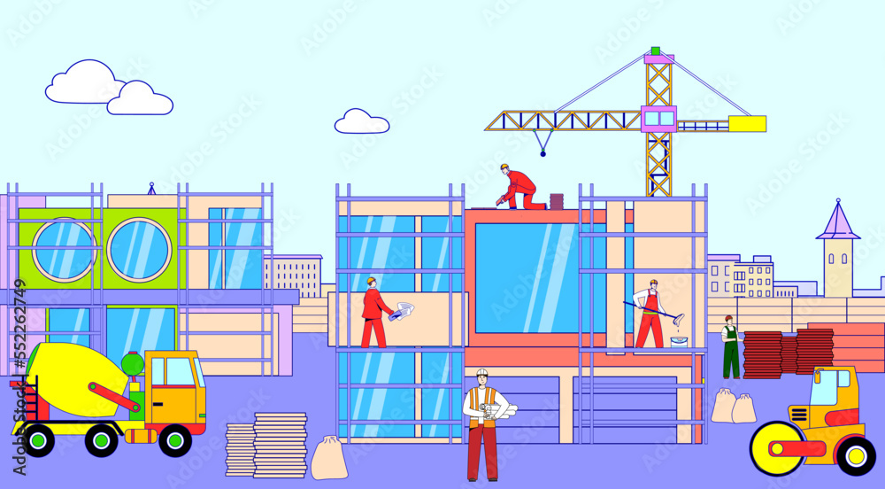 Fototapeta premium House construction, site with equipment, vector illustration, flat man builder character work with industry crane at urban architecture development.