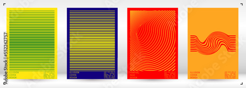 Geometrical Poster Design with Optical Illusion Effect. Modern Psychedelic Cover Page Collection. Colourful Wave Lines Background. Fluid Stripes Art. Swiss Design. Vector Illustration for Brochure.