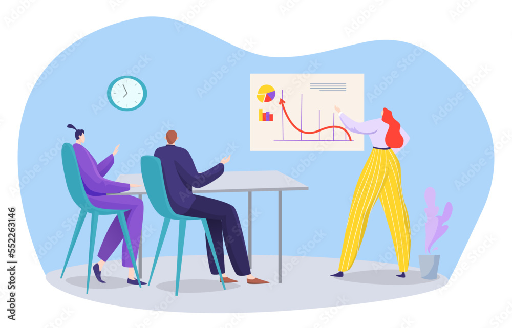 Business teamwork concept, vector illustration, flat people character use financial graph, woman show marketing chart technology team at table.