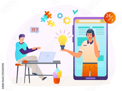 Idea from online support service, vector illustration, tiny man customer character get information help from assistant guy at smartphone app