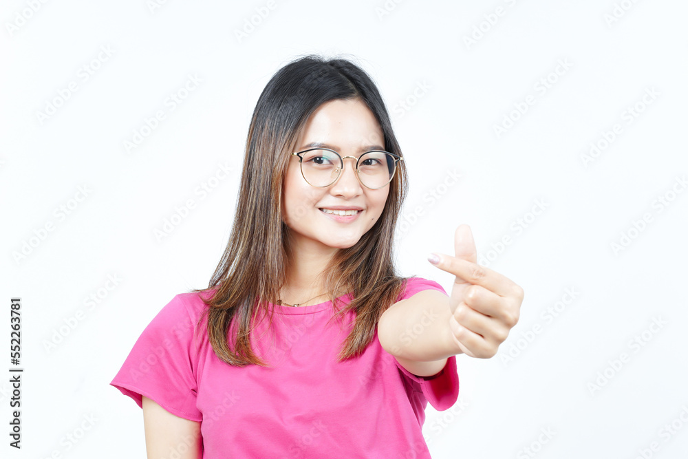 Showing Korean love finger Of Beautiful Asian Woman Isolated On White Background Showing Korean love finger Of Beautiful Asian Woman Isolated On White Background