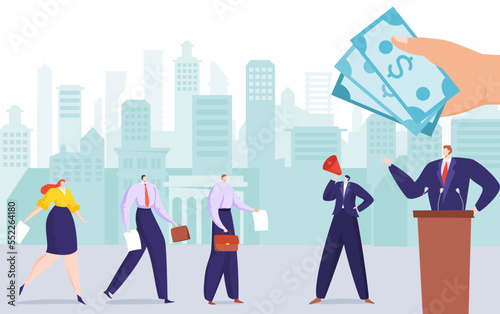 Election corruption, vector illustration,flat man politician candidate stand at podium, assistant with loudspeaker call people voter