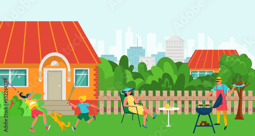 Barbecue party at family backyard, vector illustration, flat man woman character have picnic together, outdoor leisure with father, mother