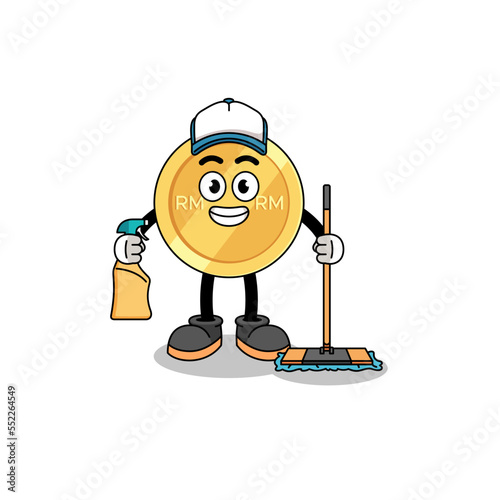 Character mascot of malaysian ringgit as a cleaning services