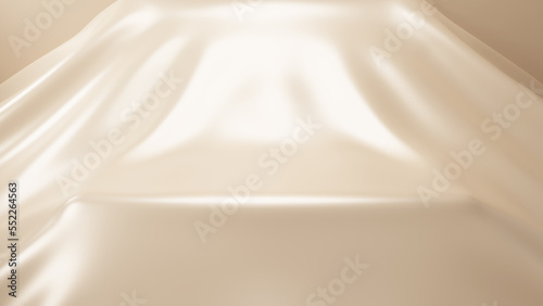 光沢のあるベージュの布。台座。化粧品などに使う背景画像。（正面）