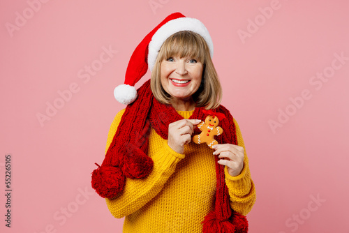 Merry elderly woman 50s year old in yellow knitted sweater red scarf Santa hat posing hold cookie ginger bread man look camera isolated on plain pink background Happy New Year Christmas 2023 concept
