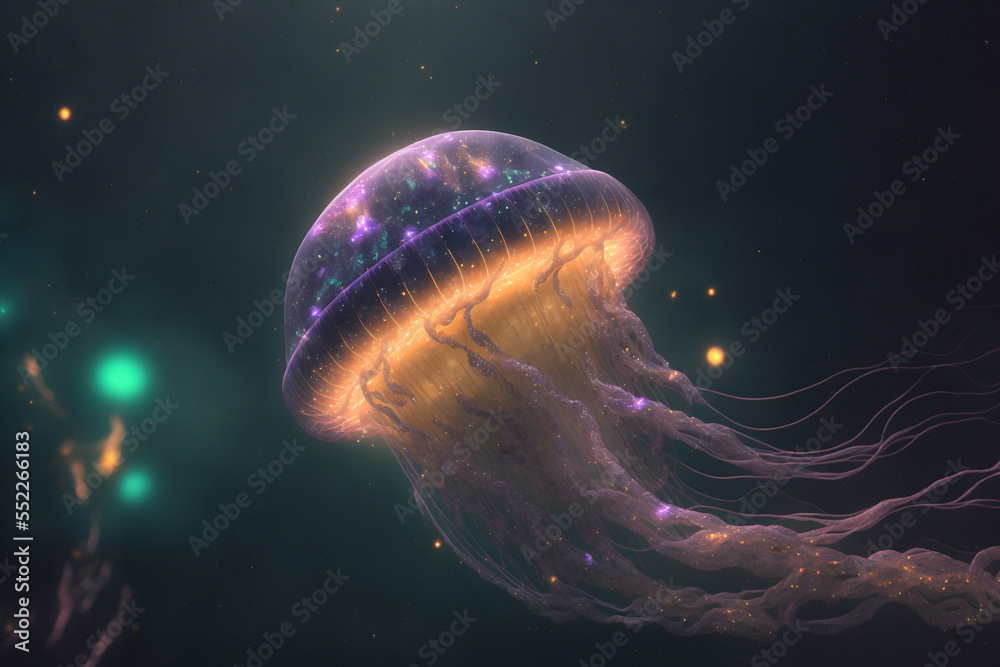 Fototapeta premium jellyfish in the water,jellyfish in the ocean,moon and space,moon and stars,shine,star,glowing