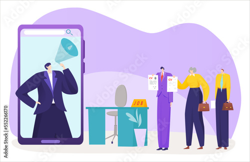 Open business vacancy concept, vector illustration, flat tiny candidate character hold cv resume for job hiring, hr worker man use loudspeaker