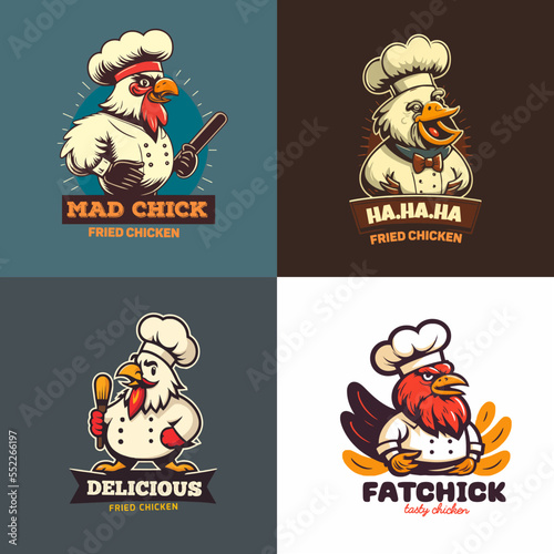 illustration of fried chicken rooster chef mascot logo for food restaurant concept branding in vector cartoon style