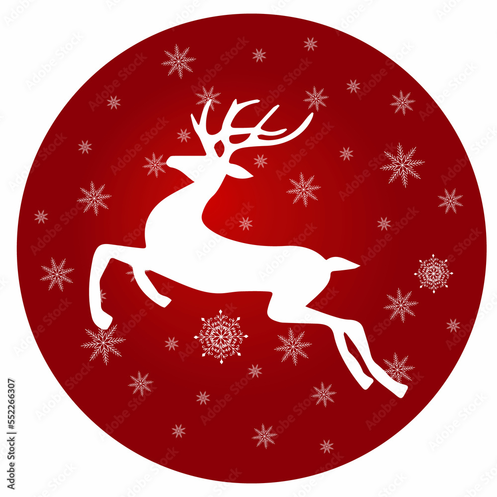 Stylized Christmas deer decorated with snowflakes isolated on red background in circle shape Stylized Christmas deer decorated with snowflakes isolated on red background in circle shape