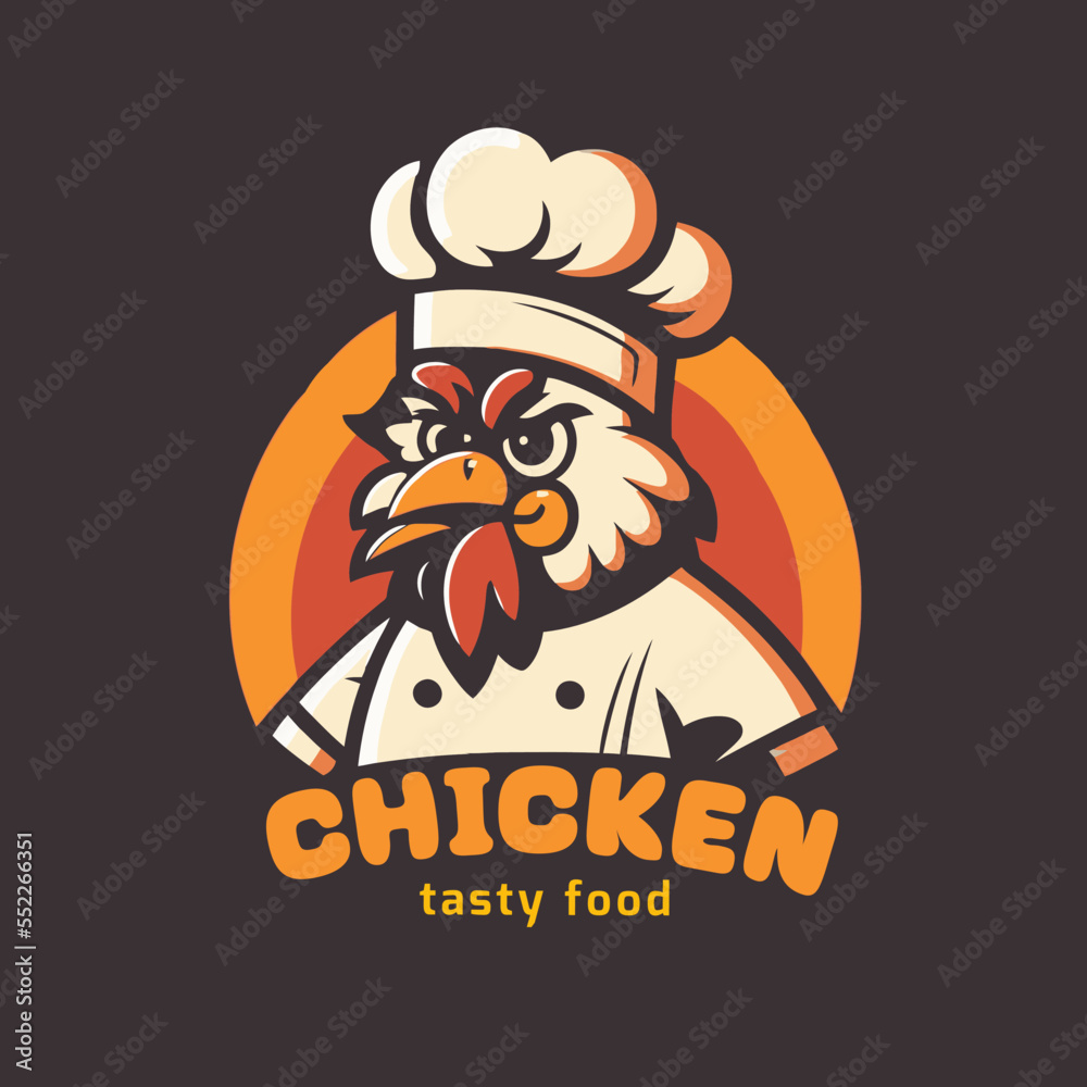 illustration of fried chicken rooster chef mascot logo for food restaurant concept branding in vector cartoon style