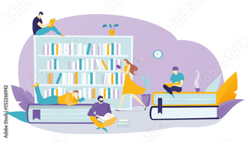 Education book at library shelf, vector illustration, flat tiny man woman student character get knowledge in library, person sit at huge literature.