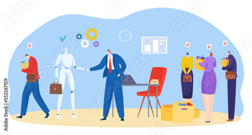 Robot recruitment at office concept, vector illustration, flat man worker character hire artificial intelligence at job, sad fired people hold box