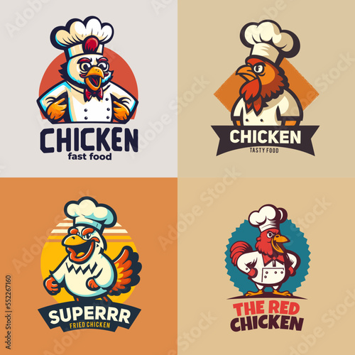 illustration of fried chicken rooster chef mascot logo for food restaurant concept branding in vector cartoon style