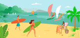 Beach for summer surfing, kite at sea, vector illustration, ocean water sport at board, extreme activity for man woman surfer character at vacation.