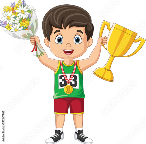 Cartoon little boy holding gold trophy and bouquet of flowers
