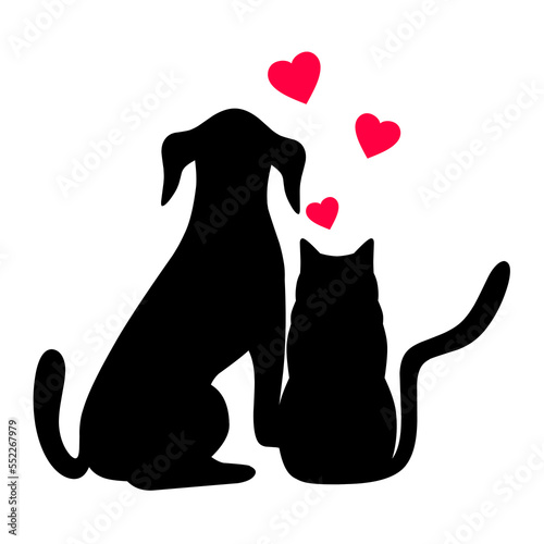Canvas Print Vector silhouettes of cat and dog sitting together with red love symbol on white background