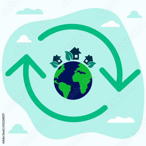 icon, sticker, button on the theme of saving and renewable energy with earth, planet, houses, leaves and icon renewable