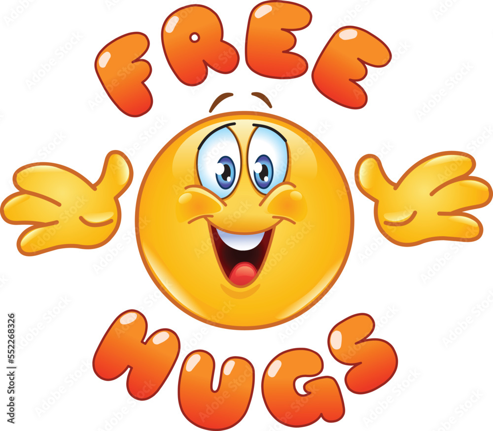 Happy emoji emoticon reaching out arms, free hugs lettering Happy emoji emoticon reaching out arms, free hugs lettering