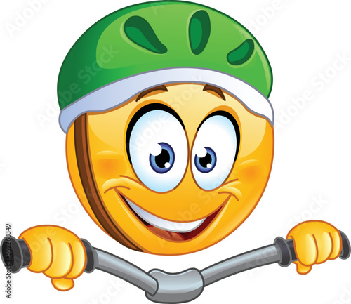 Happy emoji emoticon wearing a helmet and riding bike