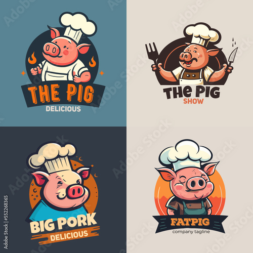illustration on Pig chef logo mascot for pork grill bbq restaurant branding concept