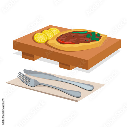 Turkish national food. Pide. Bread cake in the shape of a boat, with stuffing of meat and vegetables. Vector graphic.	