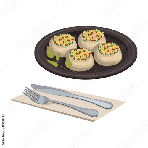Turkish national food. Fyrynda mantar. Stuffed mushrooms champignons with cheese. Vector graphic.	